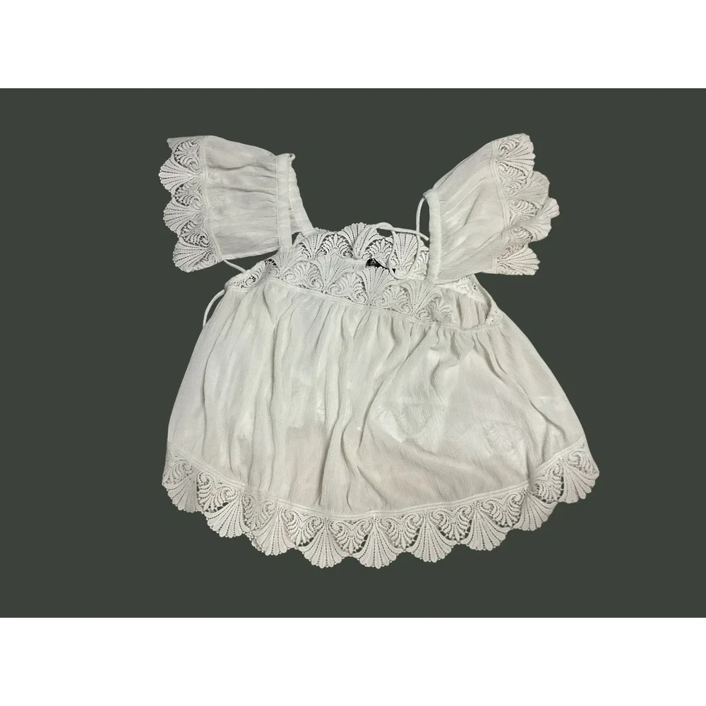 A'EWSTA White Lace Trim Babydoll Blouse Butterfly Sleeve‎ Square Neck XL US 12